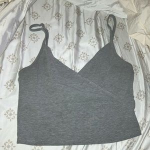 Gray crisscross, spaghetti strap crop top.